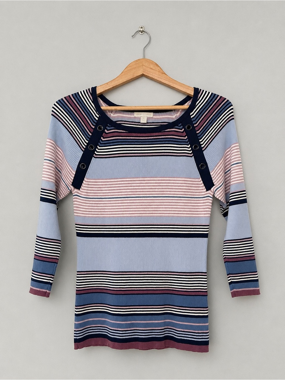 New York & Company XL Striped Ribbed Knit Top Blue Pink 3/4 Sleeve Sweater